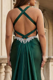 Vestido de baile de finalista de cetim de cetim de sereia verde escuro com costas abertas