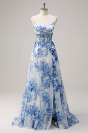 Branco Azul Flores Espartilho De Baile/Princesa Longo Vestido de Baile com Fenda