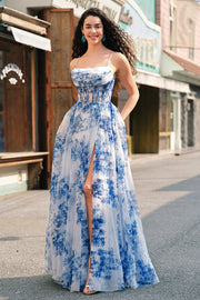 Branco Azul De Baile/Princesa Flores Longo Espartilho Vestido de Baile com Fenda
