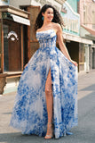 Flor Azul Branca A-Line Espaghetti Correias Ruched Corset Long Prom Dress With Slit