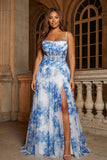 Vestido de baile de finalistas longo com alças finas de flor azul azul branca com abertura