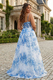 Vestido de baile de finalistas longo com alças finas de flor azul azul branca com abertura