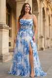 Vestido de baile de finalistas longo com alças finas de flor azul azul branca com abertura