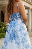 Vestido de baile de finalistas longo com alças finas de flor azul azul branca com abertura