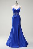 Royal Blue Sereia Esparguete Correias Cetim Corset Longo Vestido de Baile com Fenda