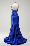 Royal Blue Sereia Esparguete Correias Cetim Corset Longo Vestido de Baile com Fenda