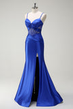 Royal Blue Sereia Esparguete Correias Cetim Corset Longo Vestido de Baile com Fenda