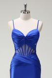 Royal Blue Sereia Esparguete Correias Cetim Corset Longo Vestido de Baile com Fenda