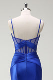 Royal Blue Sereia Esparguete Correias Cetim Corset Longo Vestido de Baile com Fenda