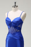 Royal Blue Sereia Esparguete Correias Cetim Corset Longo Vestido de Baile com Fenda