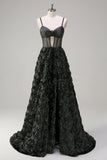 Elegante preto A Line 3D Floral Ball Gown com espartilho Sheer