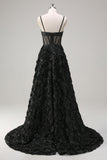 Elegante preto A Line 3D Floral Ball Gown com espartilho Sheer