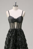 Elegante preto A Line 3D Floral Ball Gown com espartilho Sheer
