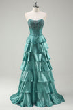 Tiered Ruffles Peacock Green Strapless Long Prom Dress com Missangas