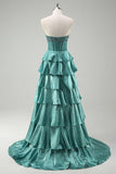 Tiered Ruffles Peacock Green Strapless Long Prom Dress com Missangas