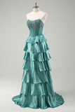 Tiered Ruffles Peacock Green Strapless Long Prom Dress com Missangas