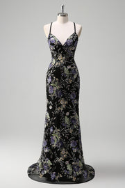 Vestido de Baile Longo Preto Brilhante com Alças Finas e Padrão Floral com Lantejoulas