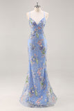 Vestido de baile longo de finalistas com alças finas de sereia verde claro e brilhante