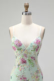 Vestido de baile longo de finalistas com alças finas de sereia verde claro e brilhante