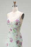 Vestido de baile longo de finalistas com alças finas de sereia verde claro e brilhante