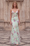 Vestido de baile longo de finalistas com alças finas de sereia verde claro e brilhante