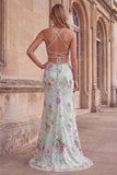 Vestido de baile longo de finalistas com alças finas de sereia verde claro e brilhante