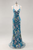 Vestido de baile longo de finalistas com alças finas de sereia verde claro e brilhante