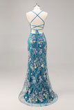 Vestido de baile longo de finalistas com alças finas de sereia verde claro e brilhante