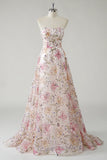 Sparkly Pink A-Line Strapless Lantejoulas Floral Long Prom Dress