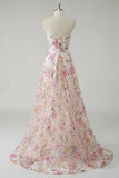 Sparkly Pink A-Line Strapless Lantejoulas Floral Long Prom Dress