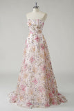 Sparkly Pink A-Line Strapless Lantejoulas Floral Long Prom Dress