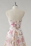 Sparkly Pink A-Line Strapless Lantejoulas Floral Long Prom Dress