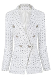 Blazer Feminino Midi Branco de Peito Duplo Pontilhado