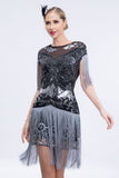 Vestido Flapper Cinzento Sequined Short 1920s com Franjas