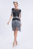 Vestido Flapper Cinzento Sequined Short 1920s com Franjas