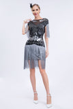 Vestido Flapper Cinzento Sequined Short 1920s com Franjas