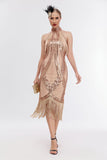 Champanhe Halter 1920s Vestido com Sequins