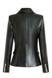 Preto Pico Lapela PU Couro Blazer Feminino