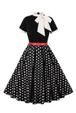 A Line Black Polka Dots mangas curtas vestido dos anos 1950 com cinto