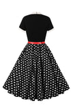 A Line Black Polka Dots mangas curtas vestido dos anos 1950 com cinto