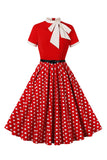 A Line Black Polka Dots mangas curtas vestido dos anos 1950 com cinto