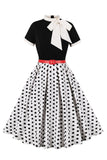 A Line Black Polka Dots mangas curtas vestido dos anos 1950 com cinto