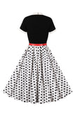 A Line Black Polka Dots mangas curtas vestido dos anos 1950 com cinto