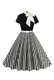 A Line Black Pinstripe 1950s Swing Dress com mangas curtas