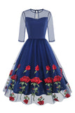 Preto Uma Linha Rosa Vestido Floral dos anos 1950 com meias mangas