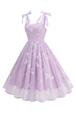 Floral Roxo Uma Linha Esparguete Correias Vestido 1950s