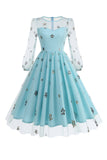 Vestido Floral Blue A Line 1950s com mangas compridas