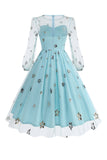 Vestido Floral Blue A Line 1950s com mangas compridas