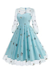 Vestido Floral Blue A Line 1950s com mangas compridas