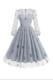 Vestido Floral Blue A Line 1950s com mangas compridas